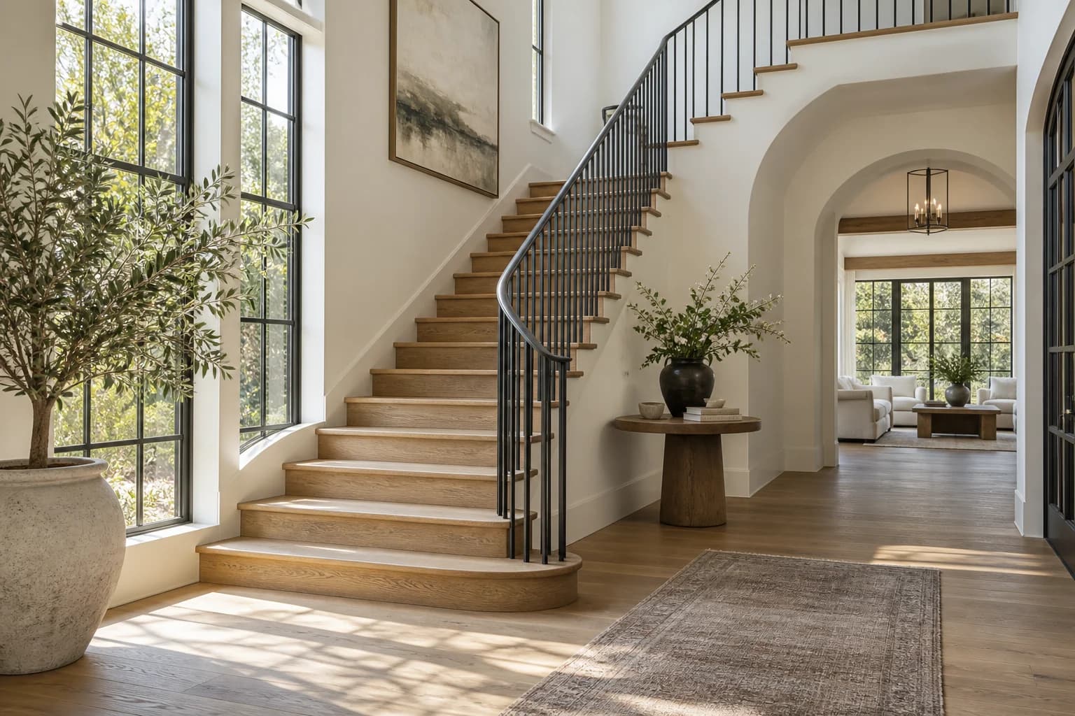 Escalier contemporain en bois et métal.